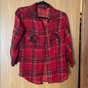 Red Plaid Sheer Button-Up Shirt